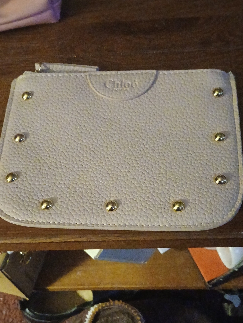 Chloe Pebbled  Stud Zip Pouch in Light Beige